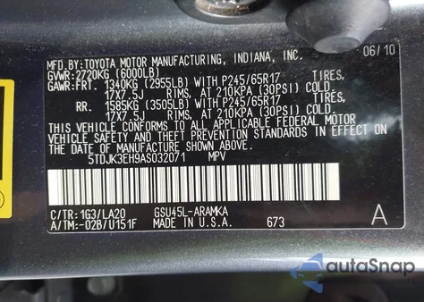 2010 Toyota Highlander Se V6 from USA, damaged, VIN 5TDJK3EH9AS032071
